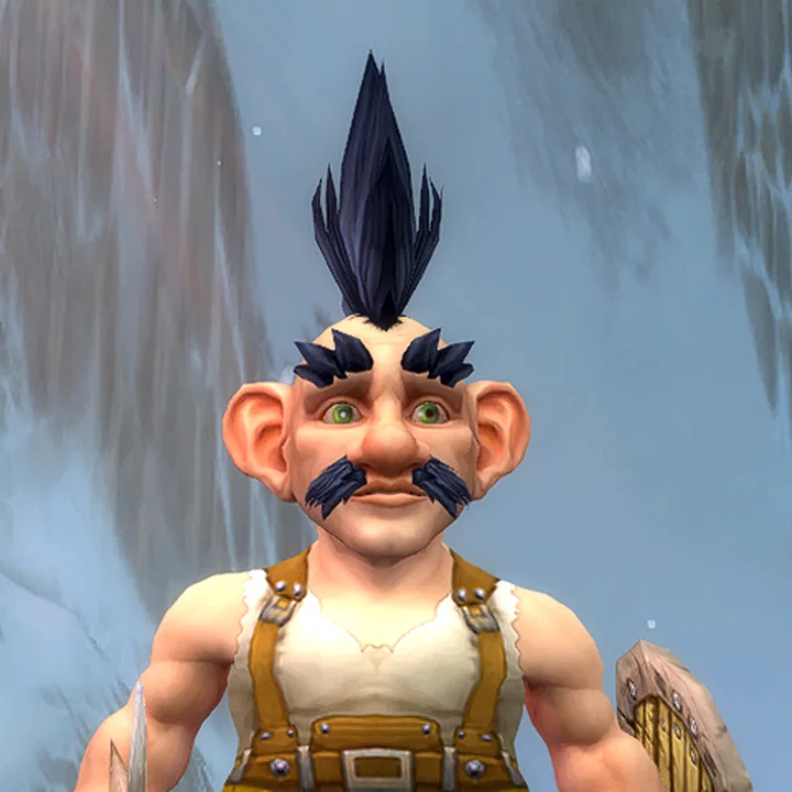 Stubz Flux, a gnome with a tall black mohawk and a big moustache, in the snow