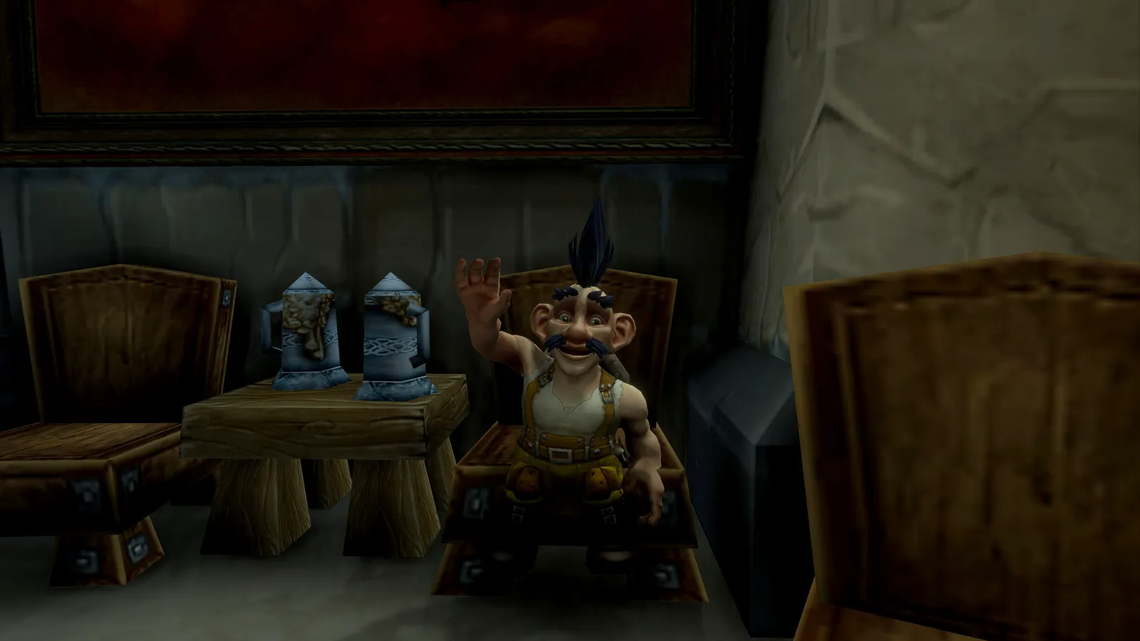 Stubz Flux waving with a big grin from his tavern chair